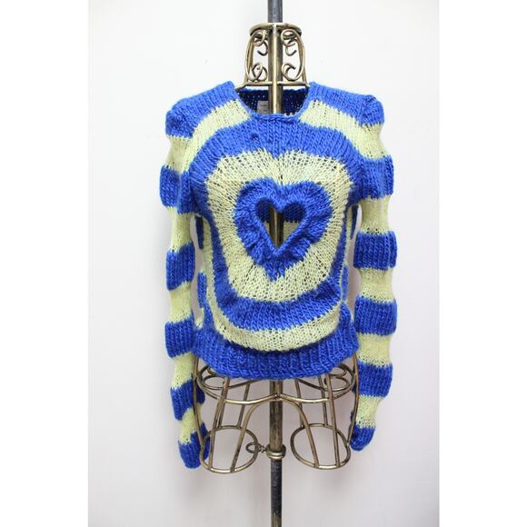 Lirika Matoshi Blue Yellow Radiant Heart Cutout Crochet Knit Fuzzy Sweater XL - Picture 3 of 7